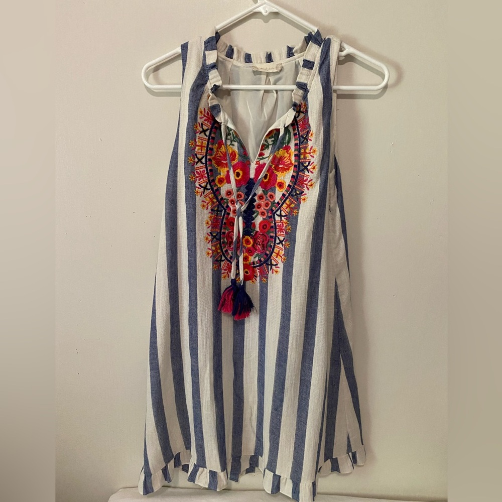 Altard State Women’s Bohemian Blue/Cream Striped Lined Dress W/ Embroide…